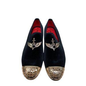 Meijiana Men’s 11 Black Velvet Loafers Gold Eagle Stud Slip On Dress Shoes EU 45